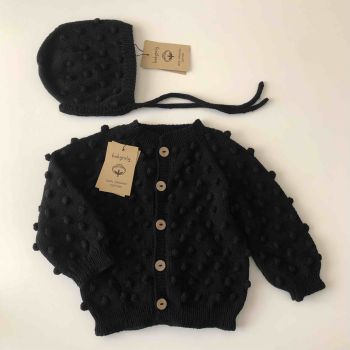 Popcorn Cardigan and Bonnet Set - Black / custom colors