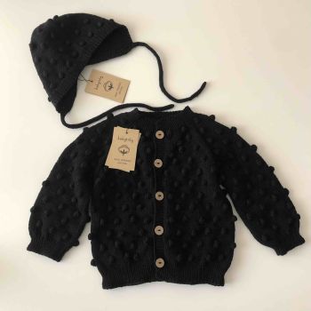 Popcorn Cardigan and Bonnet Set - Black / custom colors