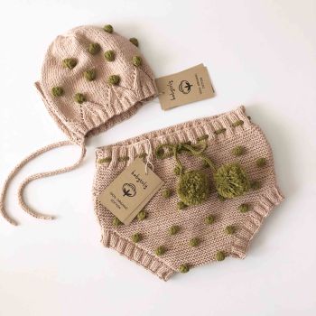 Popcorn bloomer, Bonnet set, ecru + olive