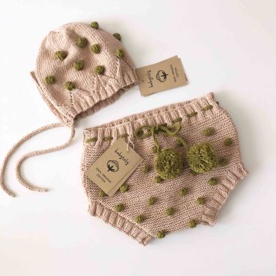 Popcorn bloomer, Bonnet set, ecru + olive