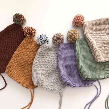 Rainbow Pompom Bonnet - select colors, beige, golden brown, mint, silver