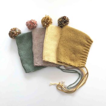 Rainbow Pompom Bonnet - select colors, beige, canary, mint, mustard, cinnamon, golden brown